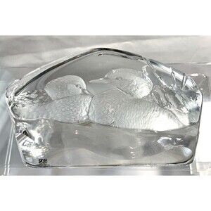 Mats Jonasson Full Lead Crystal Etched Mallard Duck Paper Weight Signed